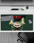 Cute chaotic anime mouse pad 32x16 inches in muted green with bright blues, yellow hair, clean lines.