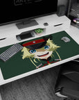 Close-up mischievous blonde anime girl staring at you on 40x20 inches desk pad, red-banded cap.