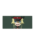 28x12 inches anime girl mouse pad with blonde soldier girl, blue eyes, military cap, green background.
