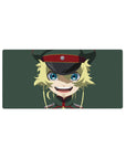 Anime girl mouse pad 32x16 inches with blonde soldier cap, blue eyes, crisp flat colors on green.