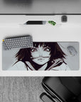 32x12 inches desk mouse pad in soft greys and smoky ink strokes, bright highlights, moody yet cute anime style.