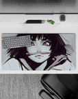 32x16 inches anime girl mouse pad in soft greys and smoky ink strokes with bright highlight pops.