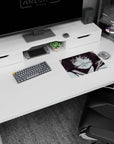 Cheeky wide-eyed anime girl with messy dark bob holding a pen between her lips on a 14x10 inches mouse pad.