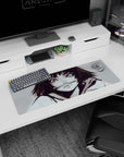 32x12 inches extended mouse pad showing a mischievous anime girl close-up, pen between her lips, intense gaze.