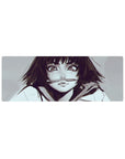 32x12 inches anime girl mouse pad with wide sparkling eyes, messy dark bob, pen-in-mouth, sketchy hoodie art.