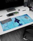 Artistic 36x16 inches desk pad featuring Giyu Tomioka, the Water Hashira, with serene waters and a tranquil, strong design.