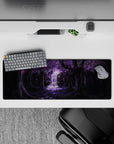 32x12 inches anime mouse pad in deep blacks and lavender glow, calm misty waterfall ambiance.