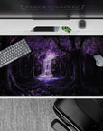 40x20 inches anime desk pad in deep blacks and lavender dusk, with soft glowing waterfall mist.