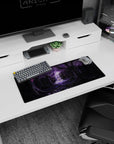 28x12 inches anime mouse pad showing a lone brave figure in mist before a glowing waterfall in purple woods.