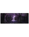 Anime mouse pad 32x12 inches with violet forest waterfall scene, drifting petals, and fantasy lighting.