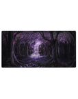 32x16 inches anime mouse pad with violet forest, glowing waterfall altar, drifting petals, and misty figure.