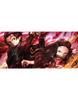 36x16 inch desk pad highlighting Tanjiro and Nezuko Kamado fighting side by side surrounded by flames