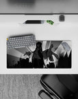28x12 inches black and gray anime desk mat with dark cozy vibe, clean silhouettes, smooth tracking.