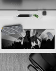 32x12 inches black and gray anime desk mat, dark dramatic vibe with cozy urban silhouettes and clean contrast.