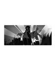 28x12 inches anime girl mouse pad with monochrome city skyline, sunburst rays, and bold silhouette art.
