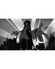 40x20 inches anime girl desk pad with monochrome cityscape, sunburst rays, and oversized playful hand.