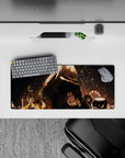 28x12 inches anime girl mouse pad in warm gold glow and deep shadows, dreamy cozy-lonely nighttime vibe.