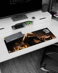 Long-haired anime girl curled up under a lamp with firefly-like glitter on a 32x12 inches mouse pad.