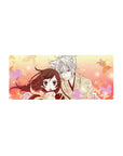 28x12 inches anime mouse pad with silver-haired fox boy and girl in kimono, sakura petals, peach glow.