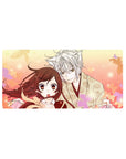 32x16 inches anime mouse pad with fox boy in cream kimono, amber-eyed girl, sakura petals design.