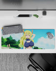 32x12 inches anime girl mouse pad in soft sky blues with fluffy clouds and mint-green hair tips, playful vibe.