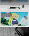 32x16 inches anime mouse pad in soft sky blues with fluffy clouds and mint-green hair tips, playful vibe.