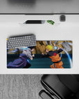 28x12 inches anime desk mouse pad in warm orange vs cool gray with electric blue energy sparks.
