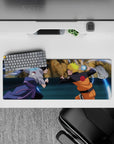 32x12 inches anime mouse pad in warm oranges, cool grays, and electric blues for stormy energy.