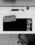 28x12 inches black anime mouse pad with moody red-eyed vibe and sharp white line art for clean desk style.