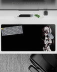 32x16 inches moody black anime mouse pad with sharp white line art, red-eyed grin, edgy vibe.