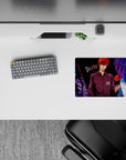 Neon red, deep black, and electric blue classic anime mouse pad 14x10 inches for a dark late-night vibe.