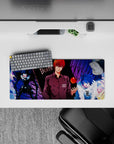 Neon red, deep black, and electric blue 28x12 inches anime mouse pad with dark late-night vibe.