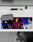 Neon red, deep black, and electric blue anime mouse pad 32x12 inches for a dark late-night vibe.