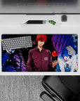 32x16 inches anime mouse pad in neon reds, deep blacks, and electric blues for a dark late-night vibe.
