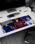 Light Yagami smirking with Ryuk and L close-up on a 36x16 inches anime desk pad.