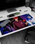 Light Yagami smirking beside Ryuk, with L close-up on a 40x20 inches anime desk pad, intense face-off scene.