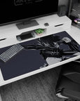 Fierce anime girl lunging, hair whipping, huge sword arcing behind her on a 40x20 inches desk pad.