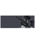 Anime girl mouse pad 32x12 inches with armored warrior and oversized blade on smoky gray background.