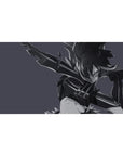 Anime girl desk pad 40x20 inches with armored warrior and oversized blade on smoky gray backdrop.
