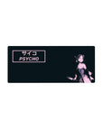 28x12 inches anime girl mouse pad with PSYCHO/サイコ text, splatter screenprint style, dark desk field.