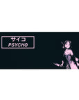 Anime girl desk pad 36x16 inches with PSYCHO サイコ block, splatter print, and dark mouse glide area.