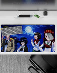 32x16 inches anime girl mouse pad in deep cobalt and navy with warm red-gold accents, midnight mischief vibe.