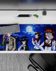 Midnight cobalt anime girl desk pad 36x16 inches, bright moon glow with navy shadows and red-gold pops.