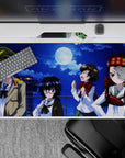 Midnight cobalt moonlit anime girl desk pad 40x20 inches with navy shadows and warm red-gold pops.