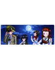 32x12 inches anime girl mouse pad with four cute girls on a rooftop under a full moon at night.