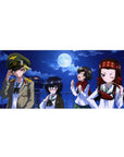 Anime girl desk pad 36x16 inches with four cute rooftop girls under a full moon, winks and snacks.
