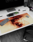 Itachi Uchiha staring through drifting light on desk pad 40x20 inches, Akatsuki cloak and hypnotic eyes.