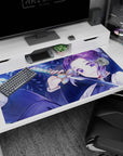 Large 40x20 inches desk pad with Shinobu Kocho from Demon Slayer, featuring ethereal butterflies and serene blues, perfect for fans of beauty and strength.