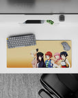 28x12 inches anime girl mouse pad in bright pastel tones, cozy cute mood, clean lines and playful poses.