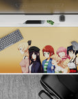 Bright peach anime girl desk pad 40x20 inches, cozy cheerful vibe with clean lines and cute expressions.